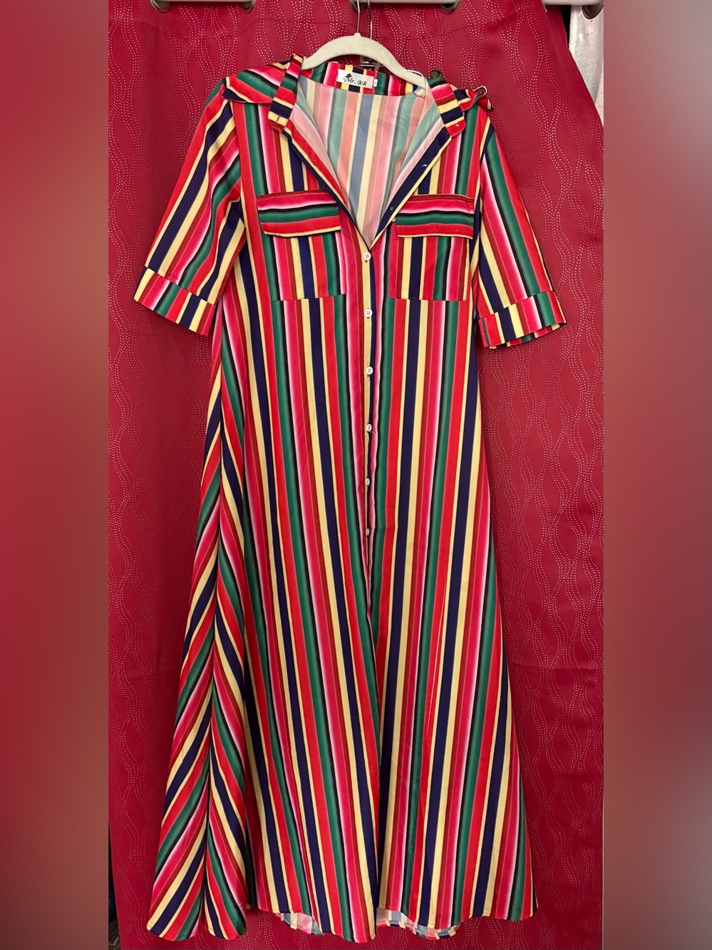 Striped Multicolor Button-Front Shirt Dress - Vibrant Red/Green/Blue